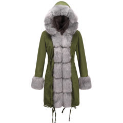 Women Parka Three-quarter Coat Faux Fur Hooded Winter Fur Jacket PQAA0942