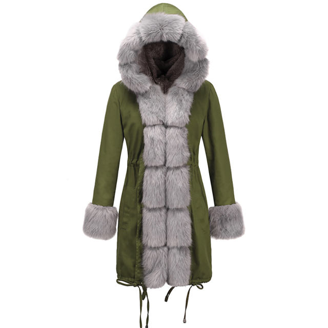 Women Parka Three-quarter Coat Faux Fur Hooded Winter Fur Jacket PQAA0942