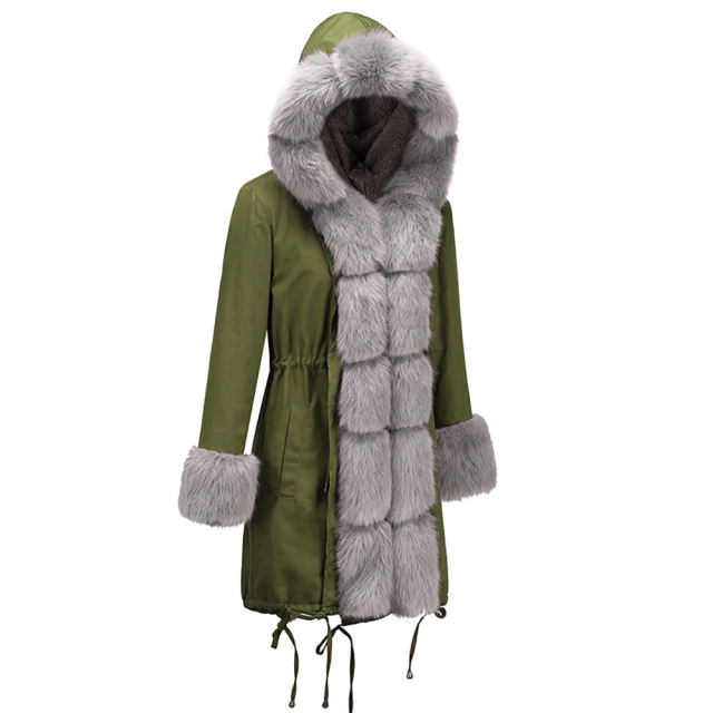 Women Parka Three-quarter Coat Faux Fur Hooded Winter Fur Jacket PQAA0942