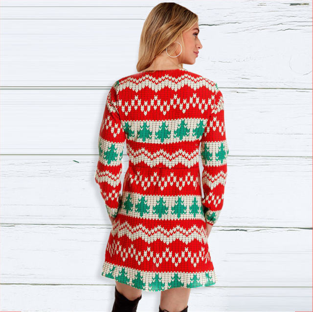 V-neck Ugly Christmas Dress for Women Printed Leisure Dress PQ22923B
