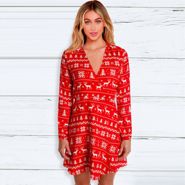 V-neck Xmas Casual Dress for Women Digital Print Dresses PQ22923A