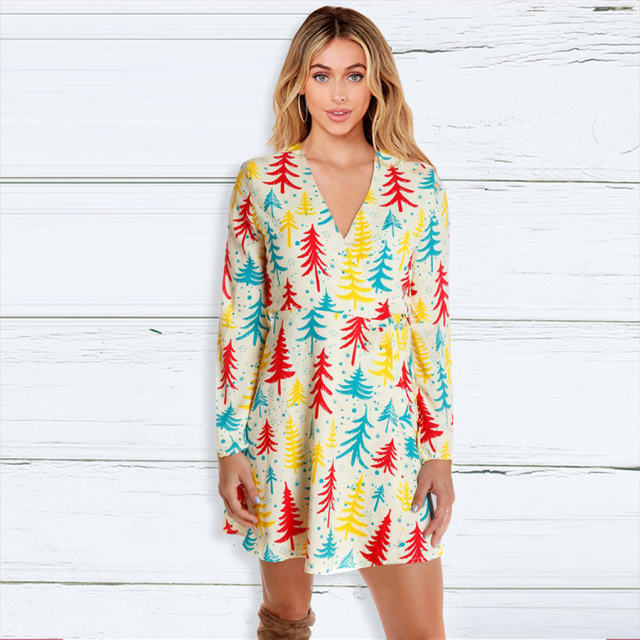 V-neck Christmas Tree Casual Dress for Women Winter Dresses PQ22923C