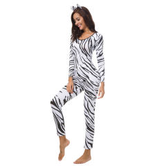 Halloween Zebra Printing Catsuit Black Straps Cosplay Uniform PQ80886