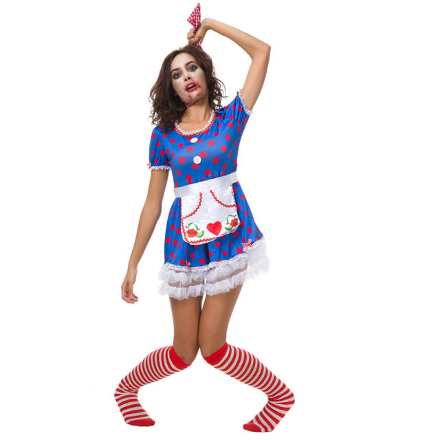 Halloween Evil Maid Fancy Dress Polka Dot Horror Cosplay Costume PQ80880