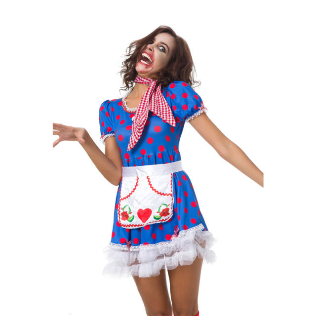 Halloween Evil Maid Fancy Dress Polka Dot Horror Cosplay Costume PQ80880