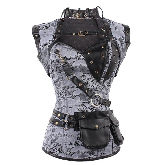 Women Luxury Medieval Gothic Punk Corset Straitjacket Faux Leather Body Shaper PQT8422A
