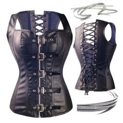 Women Gothic PU Vest Plus Size Black Overbust Buckle Corset PQT8404