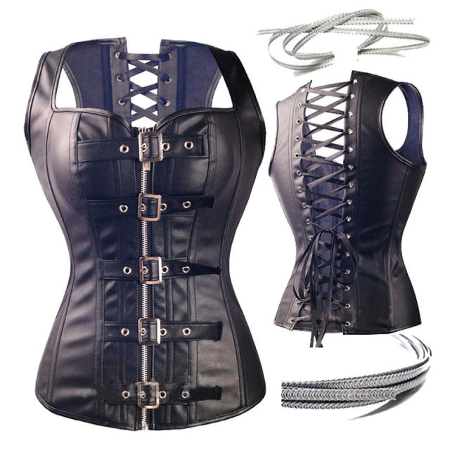 Women Gothic PU Vest Plus Size Black Overbust Buckle Corset PQT8404