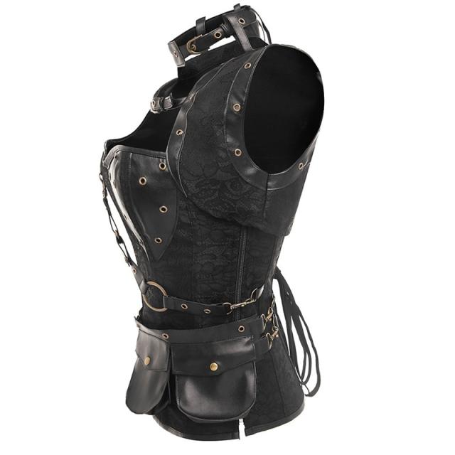 Women Luxury Medieval Gothic Punk Corset Straitjacket Faux Leather Body Shaper PQT8422A