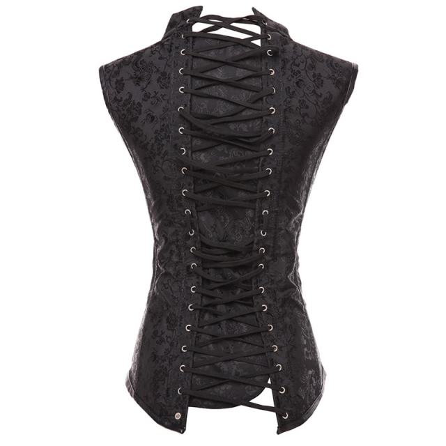 Black Brocade Corset Collared Top Plus Size Sexy Corsages Vest PQT8423