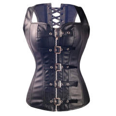 Women Gothic PU Vest Plus Size Black Overbust Buckle Corset PQT8404