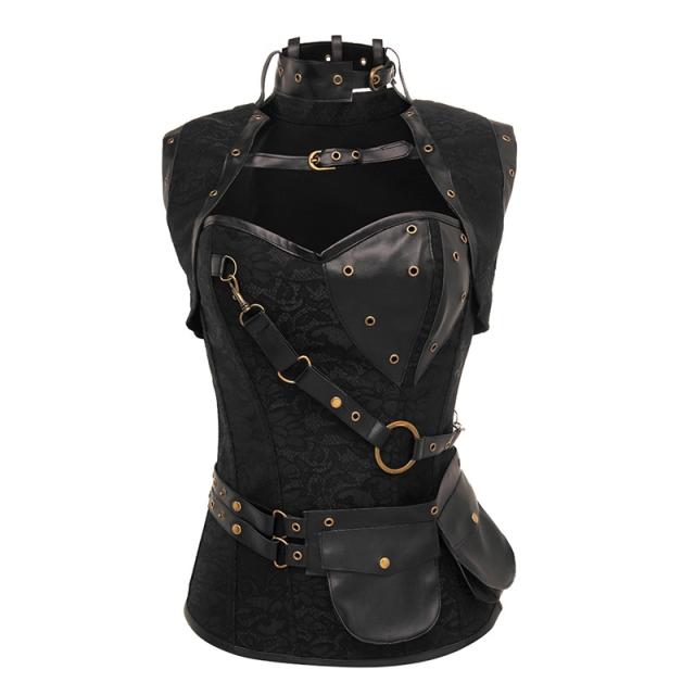 Women Luxury Medieval Gothic Punk Corset Straitjacket Faux Leather Body Shaper PQT8422A