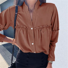 Brown Loose Long Sleeved Autumn Spring Shirt For Women PQOM9125E