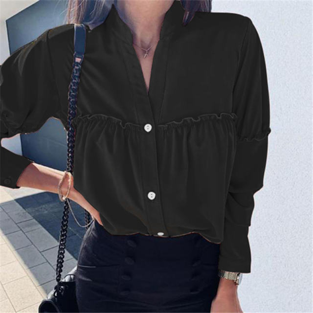 Black Loose Long Sleeved Autumn Spring Shirt For Women PQOM9125C