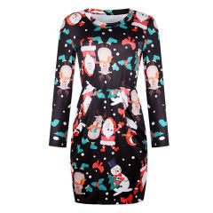 Red Christmas Print Dresses Long Sleeve Loose Casual Dress PQOM9128B