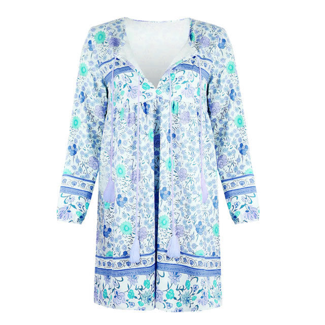 Tassel Floral Printed Loose Casual Dresses Sexy Beach Vacation Outfits PQOM9047