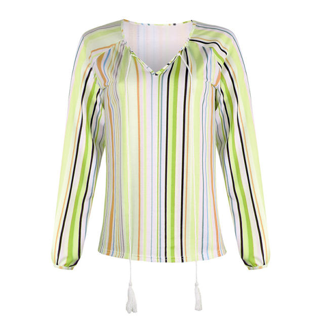 Spring Striped Blouses Women V-Neck Autumn Casual Streetwear PQOM9019