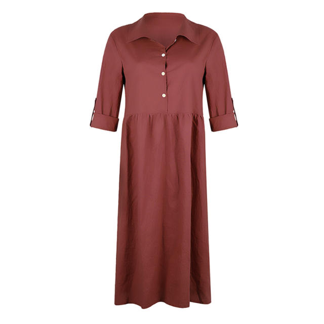 Solid Color Long Shirt Dresses for Women Full Sleeve Autumn Midi Dress PQOM9049