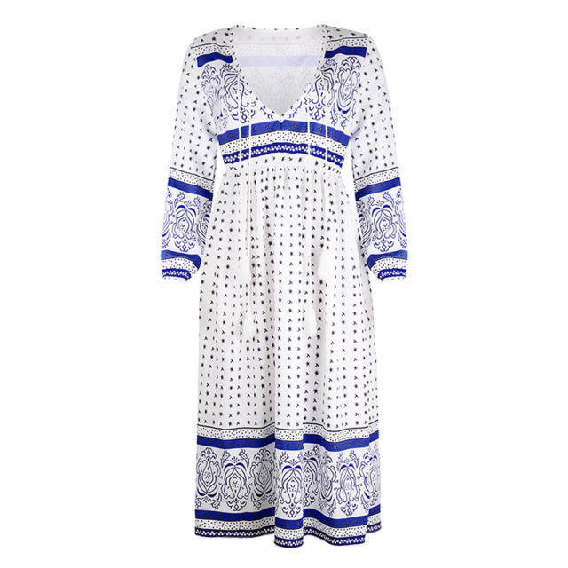 Deep V-neck Vintage Dress for Women Polka Dot Maxi Dress PQOM9048