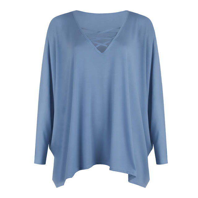 Loose V-neck Tops Long Bat Sleeve Shirt T-shirt for Women PQOM9067