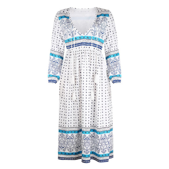 Deep V-neck Vintage Dress for Women Polka Dot Maxi Dress PQOM9048