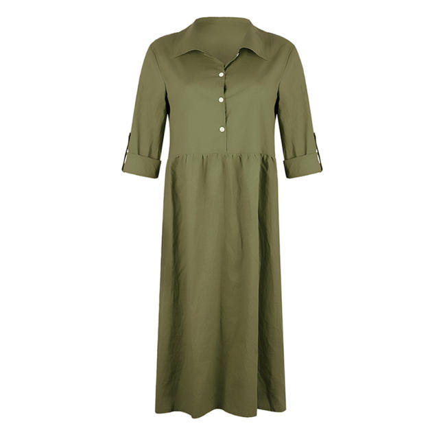 Solid Color Long Shirt Dresses for Women Full Sleeve Autumn Midi Dress PQOM9049