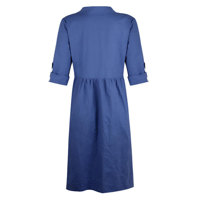 Solid Color Long Shirt Dresses for Women Full Sleeve Autumn Midi Dress PQOM9049