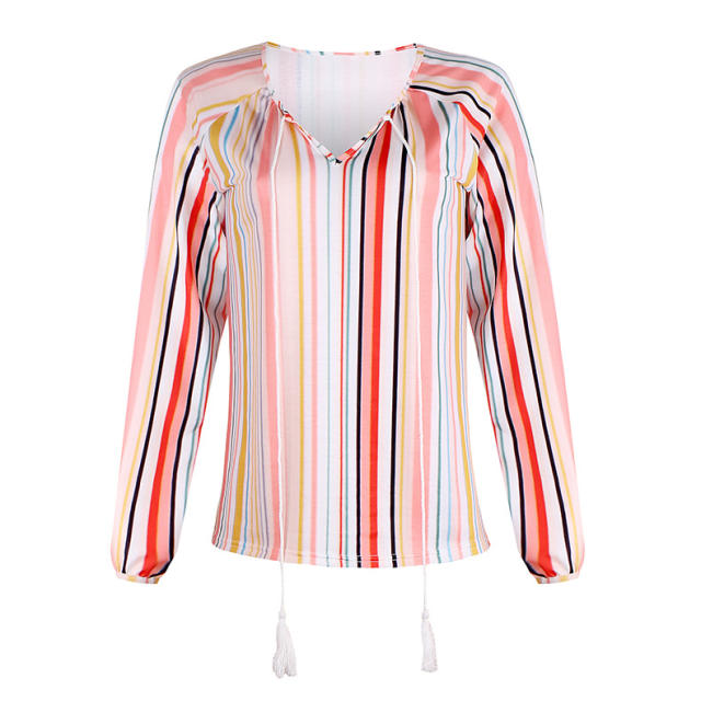 Spring Striped Blouses Women V-Neck Autumn Casual Streetwear PQOM9019