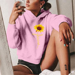 Sunflower Print Hoodies Loose Short Sweatshirts For Women PQOM9055H