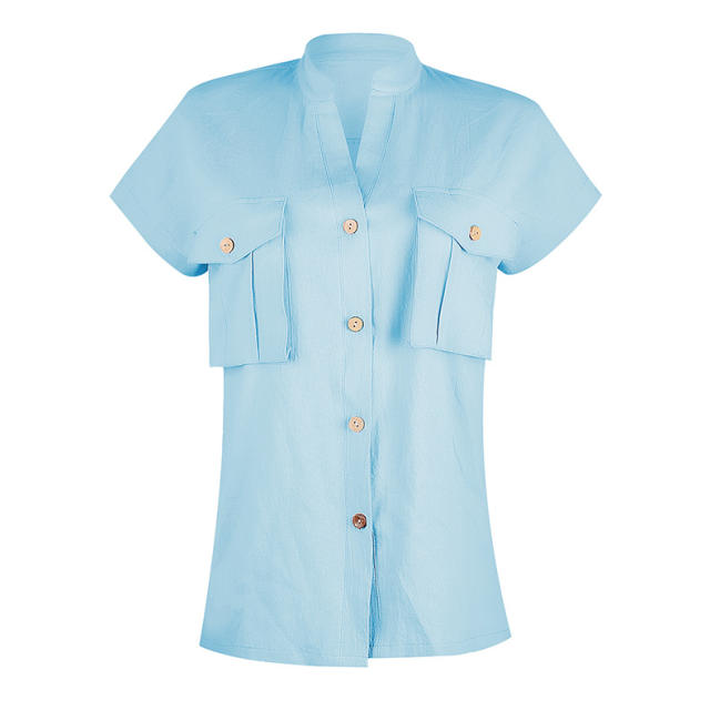 Summer Solid Color Blouses Women V-Neck Casual Streetwear PQOM9028