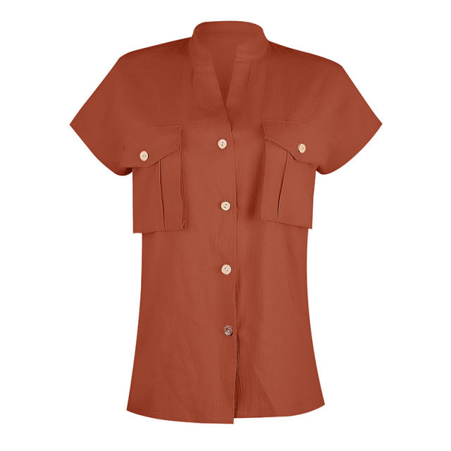Summer Solid Color Blouses Women V-Neck Casual Streetwear PQOM9028