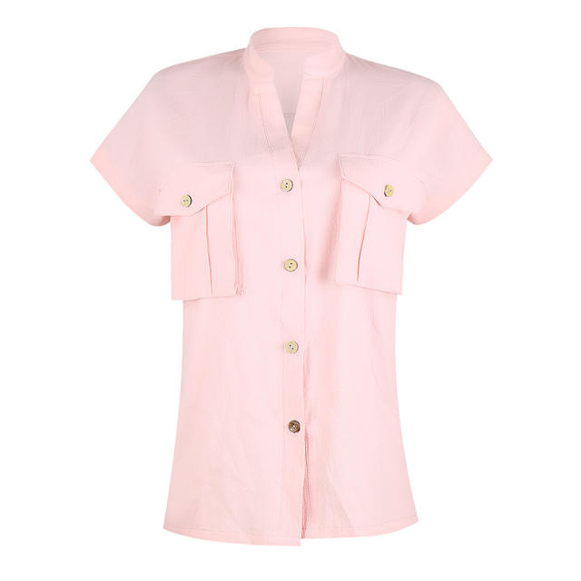 Summer Solid Color Blouses Women V-Neck Casual Streetwear PQOM9028