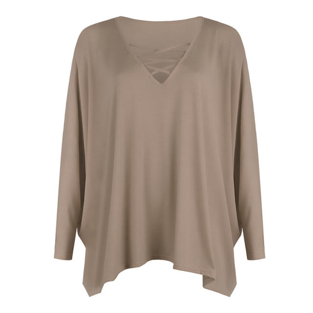 Loose V-neck Tops Long Bat Sleeve Shirt T-shirt for Women PQOM9067