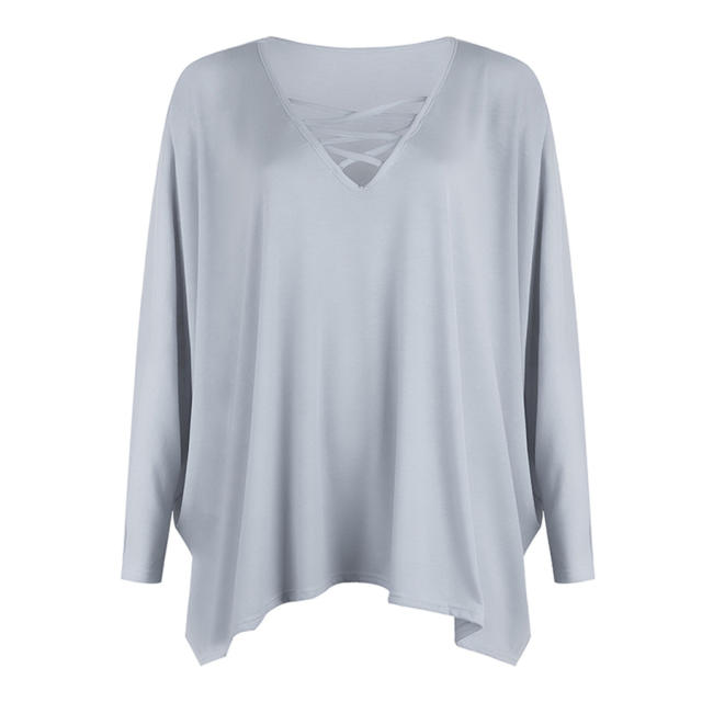 Loose V-neck Tops Long Bat Sleeve Shirt T-shirt for Women PQOM9067