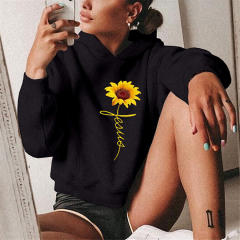 Sunflower Print Hoodies Loose Short Sweatshirts For Women PQOM9055H