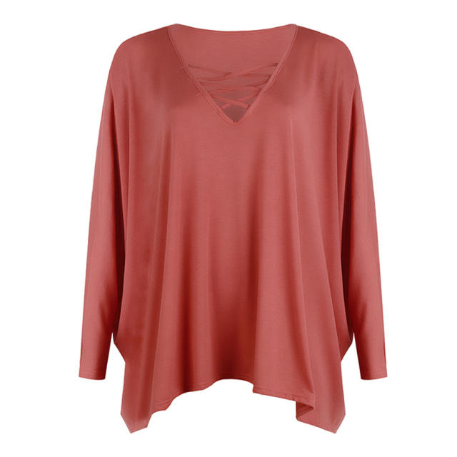 Loose V-neck Tops Long Bat Sleeve Shirt T-shirt for Women PQOM9067