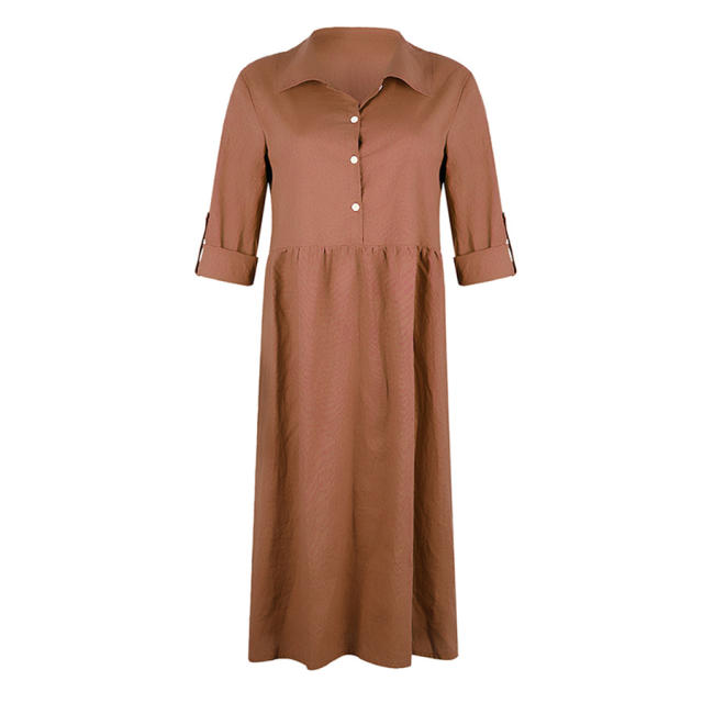 Solid Color Long Shirt Dresses for Women Full Sleeve Autumn Midi Dress PQOM9049