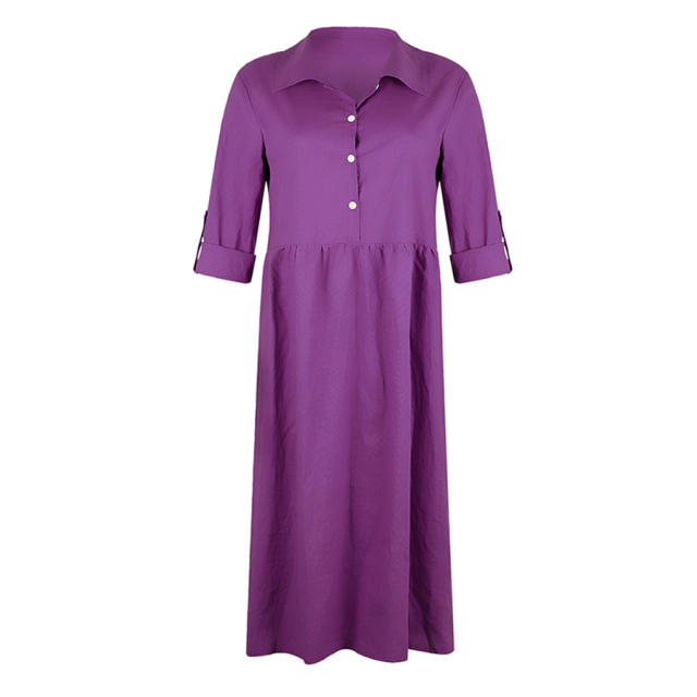 Solid Color Long Shirt Dresses for Women Full Sleeve Autumn Midi Dress PQOM9049