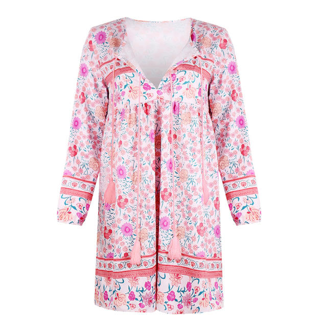 Tassel Floral Printed Loose Casual Dresses Sexy Beach Vacation Outfits PQOM9047