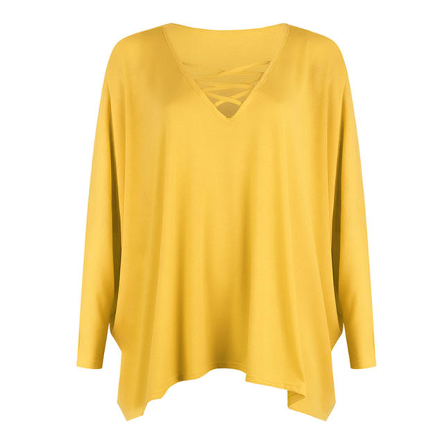 Loose V-neck Tops Long Bat Sleeve Shirt T-shirt for Women PQOM9067
