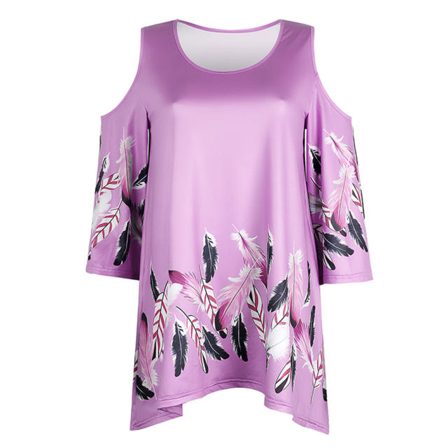 Loose Off-shoulder Tops Floral Printed Mid-length T-shirt for Women PQOM9069