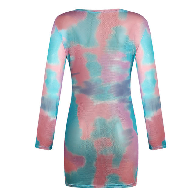 Gradient Color Sexy Dresses Slim Long Sleeve Mesh Print Dress PQOM9090