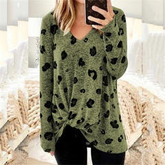 Twist Long Sleeve Women Tops Autumn V-neck Printed T-shirt PQOM9107C