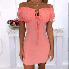 Pure Color Off-Shoulder Mini Dress Sexy Pleated Bodycon Dress PQOM9098A