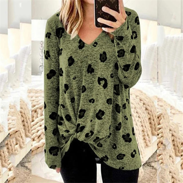 V-neck Printed Tops Twist Long Sleeve Women's T-shirt PQOM9107A