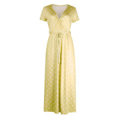 Short Sleeve Polka Dot Maxi Dress V-neck Vintage Dresses for Women PQOM9063
