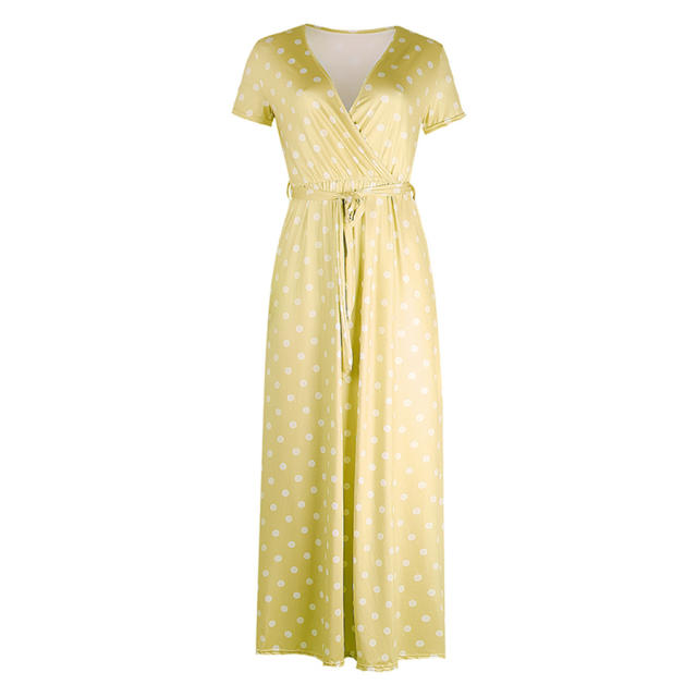 Short Sleeve Polka Dot Maxi Dress V-neck Vintage Dresses for Women PQOM9063
