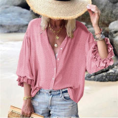 Loose Polka Dot Printed Shirt Long Ruffle Sleeve Tops PQOM9103B