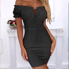 Sexy Pleated Bodycon Dress Pure Color Off-Shoulder Mini Dress PQOM9098B