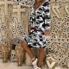 Loose V-neck Casual Midi Dress Long Sleeve Printed Dresses PQOM9109D